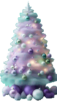 a christmas tree with purple and white ornaments and the letters a.c on the top