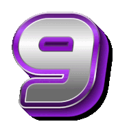 a silver and purple number 9 with a shadow on a white background