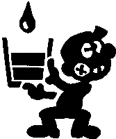 a black and white silhouette of a cartoon character holding a bucket with a drop of liquid coming out of it .