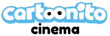 a logo for cartoonito cinema is blue and white