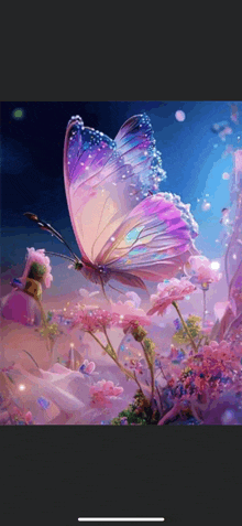 a butterfly is sitting on top of a pink flower in a painting .