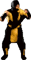 a pixel art of a man in a black and yellow ninja costume dancing .