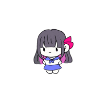 a drawing of a girl with purple hair and a pink bow