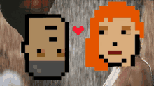 a pixel art of a man and a woman with a red heart