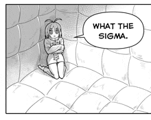 a black and white drawing of a girl in a straight jacket with a speech bubble that says what the sigma .