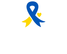 a blue and yellow ribbon with a heart in the middle on a white background