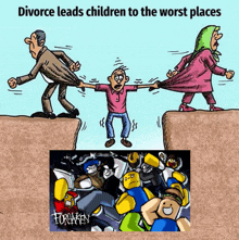 a cartoon about divorce leads children to the worst places with a picture of roblox characters on the bottom