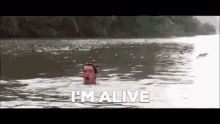 a man is swimming in a body of water and says `` i 'm alive '' .