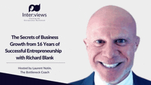 a bald man is smiling in front of a white background with the words " the secrets of business growth " on it