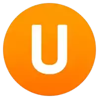 an orange circle with a white letter u in it