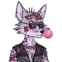 a cartoon drawing of a fox wearing spikes and sunglasses blowing bubble gum