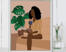 a woman is sitting on a couch reading a book while drinking coffee .