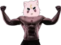 a muscular man with a pink cat face on his chest