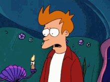 fry from futurama is holding a lit candle