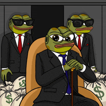 a cartoon of a frog in a suit sitting in front of a pile of money