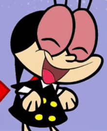 a close up of a cartoon character wearing a black dress and a tie .