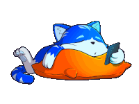 a blue cat is laying on an orange pillow and looking at a cell phone