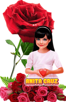 a picture of anita cruz with roses and a red rose in the background