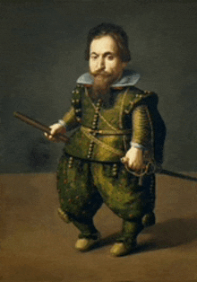 a painting of a dwarf holding a sword and a cane