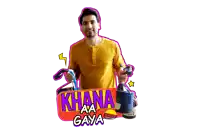 a man in a yellow shirt is holding a bag that says khana aa gaya