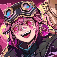 a drawing of a girl with pink hair and goggles on