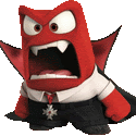 a red cartoon character with vampire wings and teeth is angry .