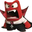 a red cartoon character with vampire wings and teeth is angry .