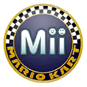 a logo for a video game called mario kart with a checkered background .