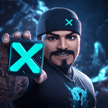 a man with a beard is holding a square with an x on it in his hand