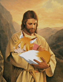 a painting of jesus holding a child with a fox on his back