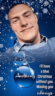 a picture of a man with a blue ornament that says anthony on it