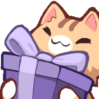 a cat holding a purple gift box with a bow