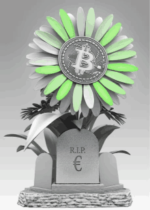 a statue of a flower with a coin that says bitcoin on it