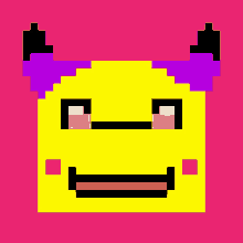 a pixel art drawing of a yellow monster with purple horns