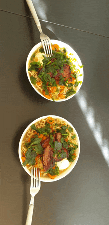 two bowls of noodles with meat and vegetables with forks in them