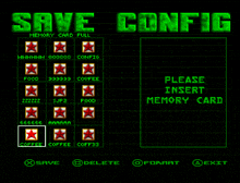 a save config screen for a video game that allows you to insert memory cards