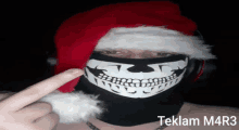 a person wearing a santa hat and a mask that says teklam m4r3 on it