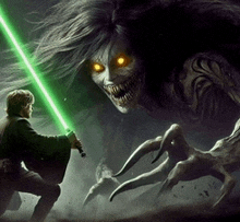 a man is holding a green lightsaber while fighting a monster