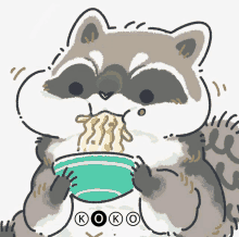 a drawing of a raccoon eating a bowl of noodles with the letters koko on the bottom