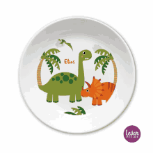 a white plate with a dinosaur design and the name elias on it