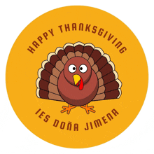 a yellow circle with a turkey and the words happy thanksgiving