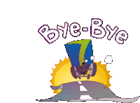 a bye-bye sign with a cartoon character driving down a road