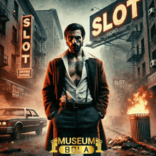 a man in a suit is standing in front of a sign that says slot