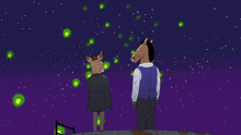 a horse and a deer are looking up at the stars