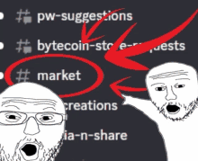 a drawing of a man with glasses and a beard standing next to a screen that says market