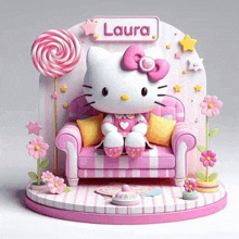 a hello kitty figurine is sitting on a pink couch with flowers and lollipops .