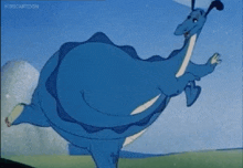 a cartoon of a blue dinosaur with a big belly is running in a field .