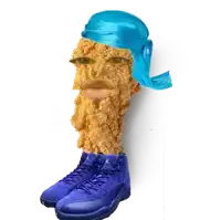 a fried chicken head with a blue headband and blue jordan shoes