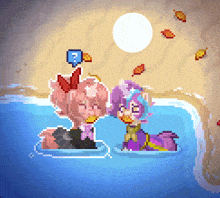 a pixel art drawing of two ponies floating in the water