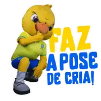 a yellow mascot is kneeling down in front of a sign that says faz a pose de criai